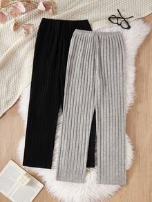 SHEIN 2 件女童罗纹面料仿蝴蝶结直筒休闲裤，舒适休闲，适合外出穿着，黑色和浅灰色 - 彩色 - 查看 2