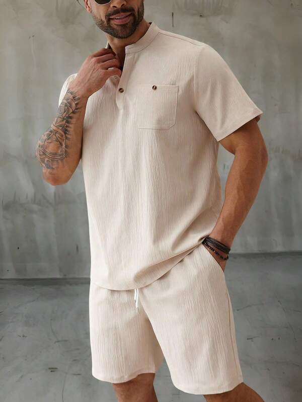 ResortEase Plus Size Men Beige Band Collar Short Sleeve Shirt And Cargo Shorts Set