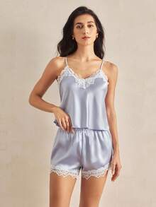 Charlaine 蕾丝边缎面吊带背心和短裤女式睡衣套装 - 藍色 - 查看 4