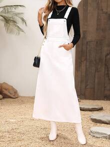 EMERY ROSE 女式纯色无袖休闲百搭牛仔连身裤，带口袋 - 白色 - 查看 5