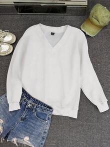SHEIN EZwear 女士休闲超大V领宽松卫衣，白色，适合秋冬季 - 白色 - 查看 5