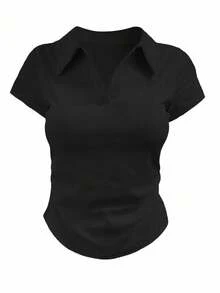INAWLY Women's Casual Solid Color Polo Collar Short Sleeve T-Shirt, Summer - Navy Blue - View 5