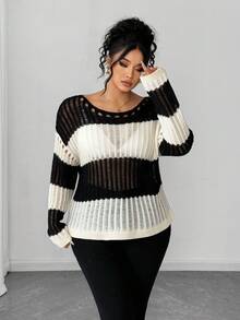 SHEIN Tall CURVE 大码女式撞色镂空透视休闲套头衫，百搭长袖，春夏季 - 黑與白 - 查看 3