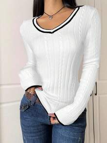 SHEIN EZwear 女式撞色落肩休闲修身V领套头毛衣 - 白色 - 查看 6