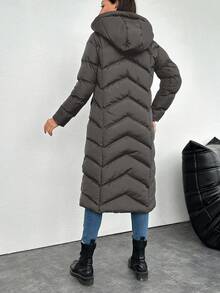 EURMUSE 女士时尚绗缝拉链连帽棉服外套（冬季） - 灰色 - 查看 2