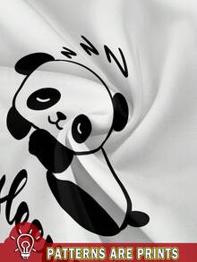 SHEIN Essnce T-shirt ajusté à col ras-du-cou, manches courtes, imprimé panda mignon et minimaliste casual pour femmes, légèrement transparent pour l'été - Noir et Blanc - Voir 3