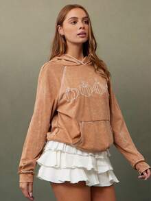 WESTFADE 棉混纺水洗法式毛圈南瓜刺绣宽松连帽衫秋季、万圣节、感恩节 - 棕色 - 查看 5