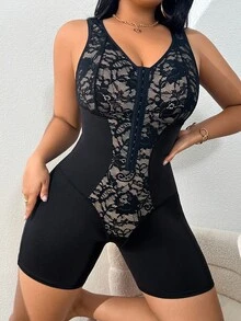 SHEIN 1pc Lace Patchwork Button Closure Mid-Thigh Shapewear Bodysuit - Black - View 4