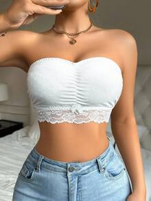 SHEIN 1pc Lace Patchwork Bandeau Bra, Wireless & Unpadded - White - View 4