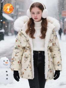 SHEIN 女童秋冬休闲碎花连帽羊毛夹克 - 米色 - 查看 8