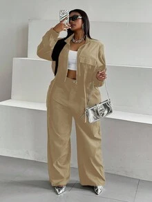 Maweii Bộ 2 món áo khoác và quần lửng màu trơn thường ngày cỡ lớn - Màu Khaki - Xem 3