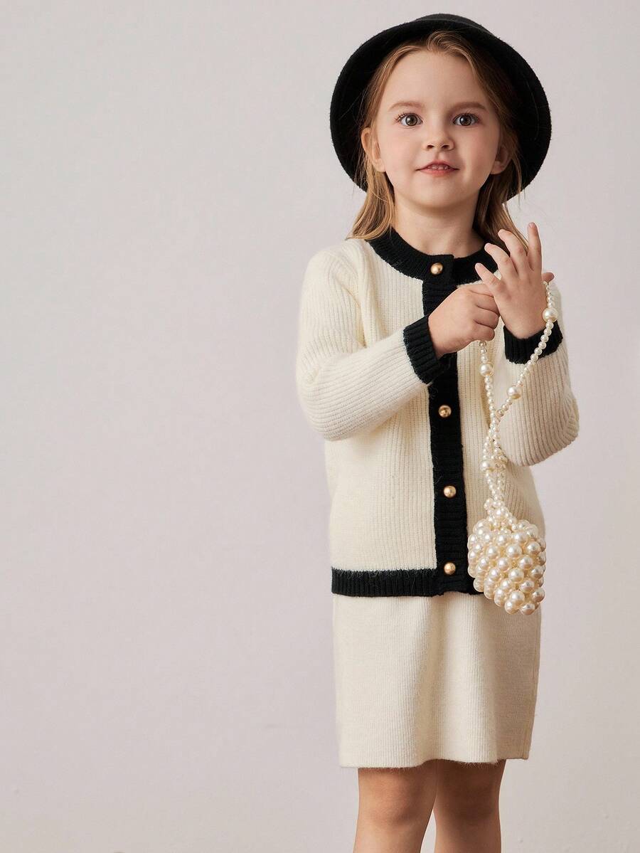 PrepCrw Young Girls' Collegiate Style Color Block Button-Front Knit Cardigan/Knit Mini Skirt Set Fall Winter - Black and White - View 1