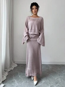 Elenzga 女士秋冬休闲针织毛衣上衣和镂空花卉图案开衫两件套，百搭优雅，适合外出、工作、上学、度假 - 灰色 - 查看 3