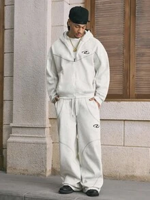 AXEPEAK 2pcs Men's Fluffy Hooded Zip-Up Sweatshirt And Drawstring Pants Set, Fall Clothes, Winter - Apricot - View 4