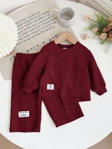 SHEIN Babygirl 休闲针织卡其色长袖上衣和松紧腰裤两件套，秋冬