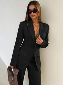 Aloruh Bộ quần áo blazer và quần tây trơn màu dành cho nữ, thời trang đi làm khi đi làm mùa thu đông dành cho nữ - màu đen - Xem 2