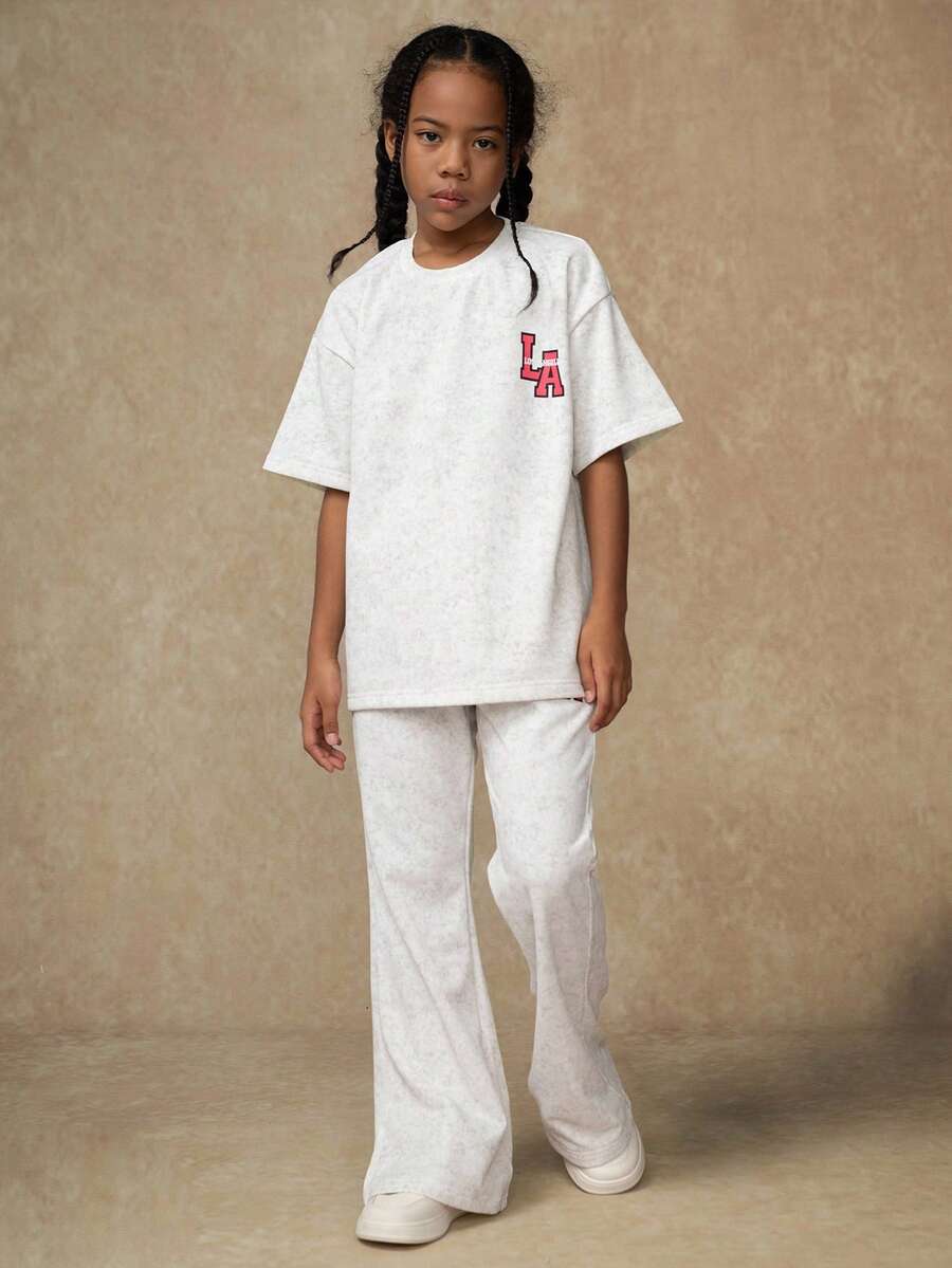 SHEIN Explorewe 2pcs/Set Girls Retro Casual Letter Graphic Short Sleeve Tee And Flare Pants,Light Grey Summer School Back-To-School Tween Girl Clothes Pants Set