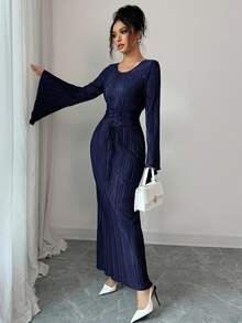 Elenzga 标准尺寸女式纯色圆领系带休闲喇叭袖长裙 - 藏蓝色 - 查看 7