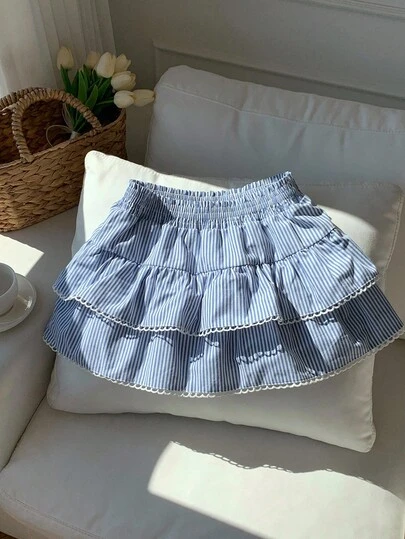 Comfortcana 女式 A 字裙，条纹梭织面料，松紧腰带和荷叶边下摆，适合乡村音乐节