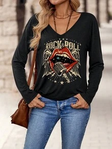 EMERY ROSE Camiseta casual versátil para festival de música de inverno, lábios vermelhos, asas, instrumento, padrão de festival de música country, minimalista, gola V, manga comprida, para mulheres, adequada para outono/inverno - Multicolorido - Ver 1