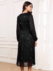 Miaspire 优雅派对女士连衣裙，网眼亮片面料泡泡袖修身喇叭裙，V 领黑色优雅中长连衣裙，适合优雅外出、派对和聚会，秋冬季 - 黑色 - 查看 3