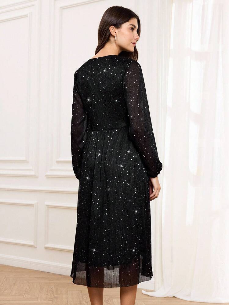 Elegant Party Women's Dress, Mesh Sequin Fabric Puff Sleeve Fit & Flare Dress, V-Neck Black Graceful Midi Dress, Suitable For Elegant Outings, Parties And Gatherings, Autumn/Winter Black Glitter Dress Black Sparkle Dress Long Sleeve Elegant Dress Elegant Midi Dress Celestial Dress, Fall Clothes For Women,Lack Dress,Wedding Guest Party Dress