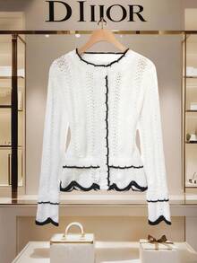 SHEIN Franclia Women's Regular Raglan Sleeve Contrast Trim Decor Round Neck Hollow Button Front White White Cardigan Casual Spring - Black and White - View 1