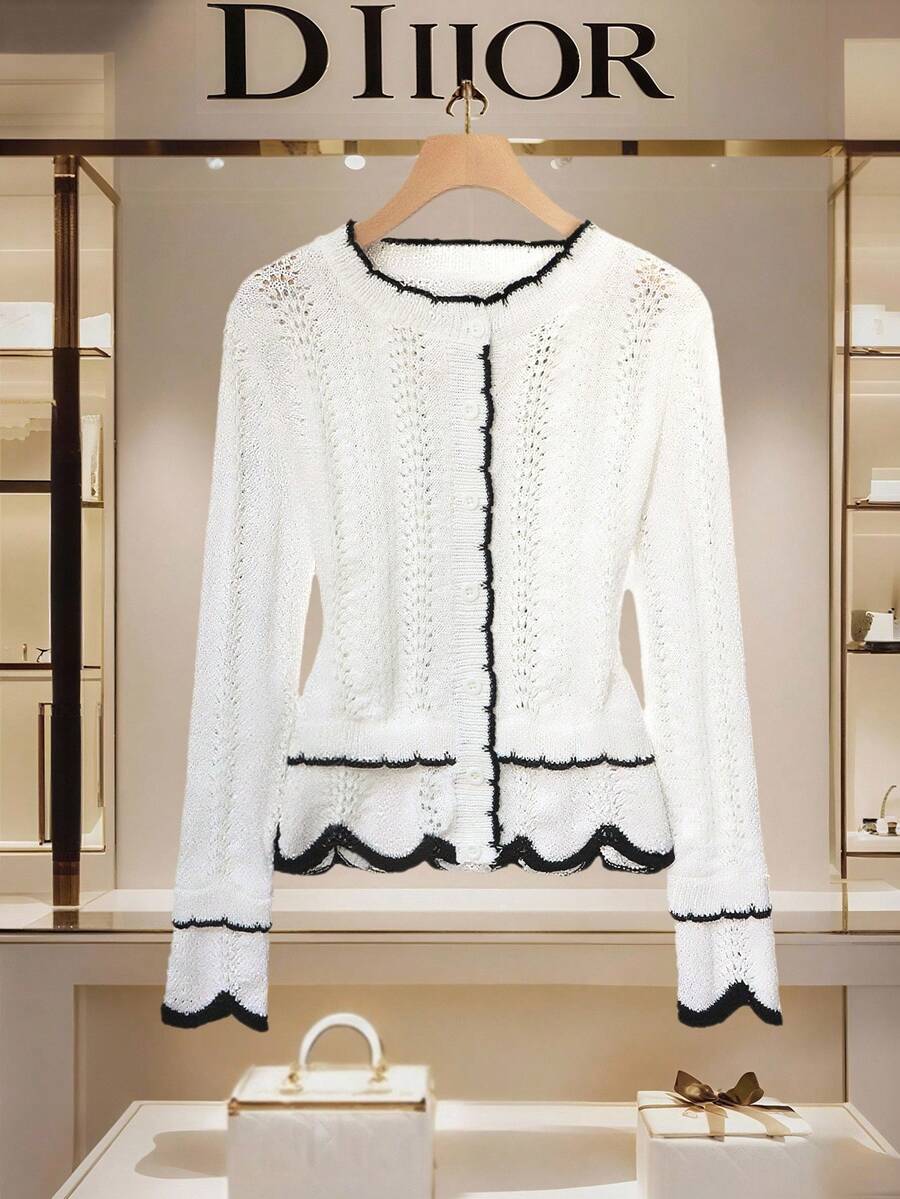 SHEIN Franclia Women's Regular Raglan Sleeve Contrast Trim Decor Round Neck Hollow Button Front White White Cardigan Casual Spring - Black and White - View 1