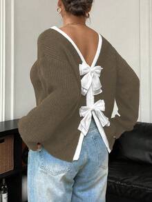 Elenzga Suéter informal de cuello redondo con lazo para mujer de talla grande, otoño/invierno