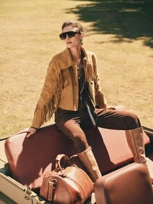 Anewsta Embroidered Tassel Decor Suede Casual Jacket - Brown - View 5