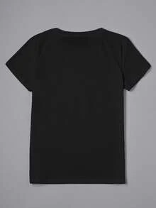 女士花卉字母印花圆领短袖 T 恤 - 黑色 - 查看 2