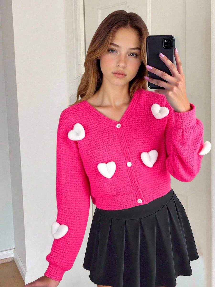 青少年女孩休闲花卉印花针织开衫夹克，秋季、假日、夏季、旅行 - 玫紅色 - 查看 1