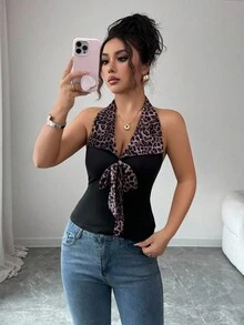 Elenzga Sleeveless Fabric Patchwork Korean Velvet Leopard Print Tie Bow Elegant Romantic Delicate Women Tank Top