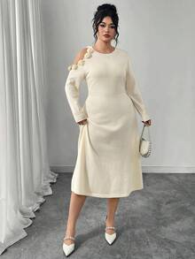 Modelyn Plus Size Solid Color 3D Floral Decor Long Sleeve Sweater Dress - White - View 4