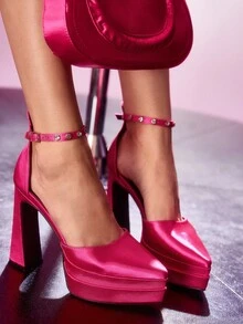 CUCCOO LuxiPop Tacones altos de plataforma para mujer, tacones altos de satén burdeos con triple correa de tobillo, elegantes y sexys, adecuados para salir de noche, atuendo sexy, fiesta, Navidad, Año Nuevo, estilo de discoteca de otoño, rosa - Rosa Fucsia - Ver 4