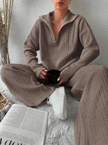 EURMUSE Drop Shoulder Sweater With Half Zipper And Knitted Pants Two Piece Set - Mocha Brown - View 5