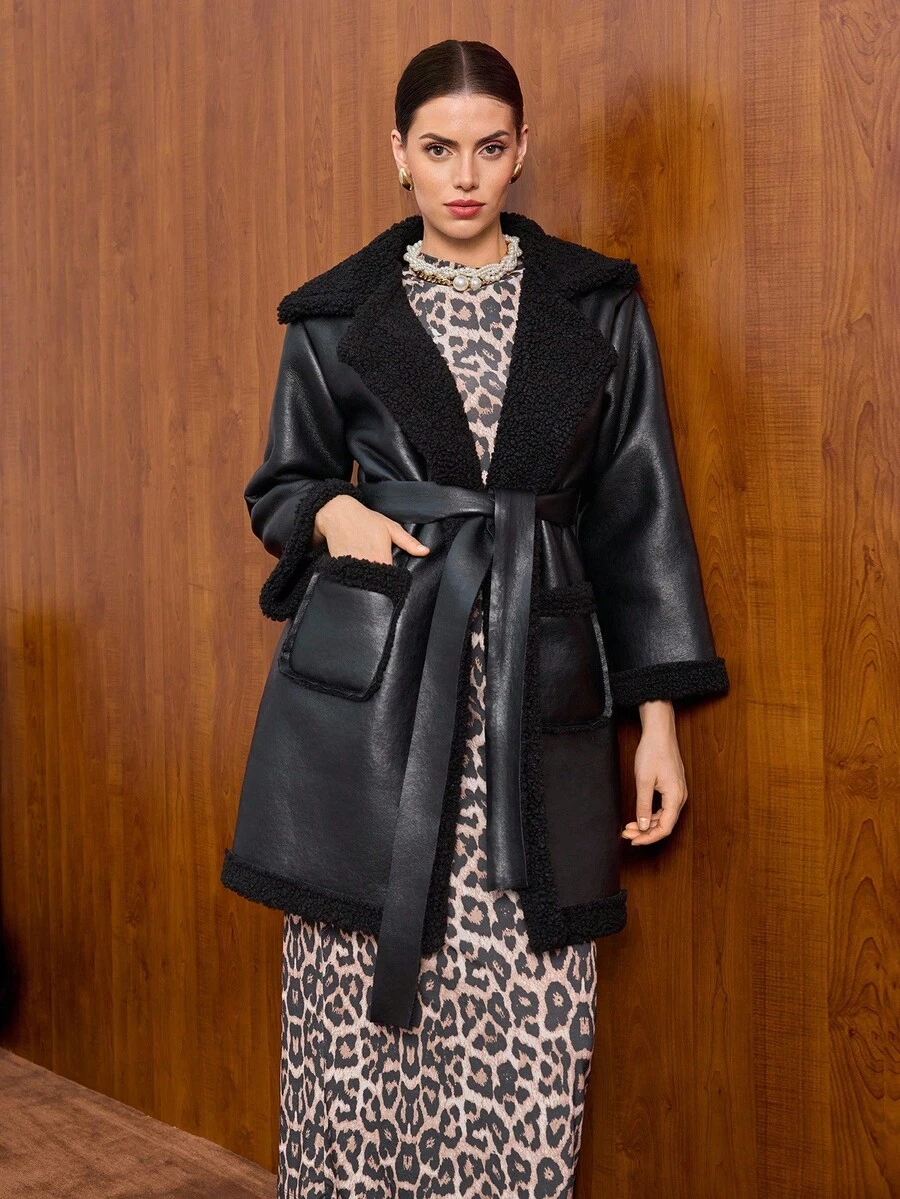 EURMUSE Faux Leather Coat, White Sherpa Lining, Wide Lapel Collar, Belted Waist, Long Sleeve, Warm And Stylish, Perfect For Fall And Winter, Casual And Elegant, Limited Edition Collection, High Quality - Black - View 1