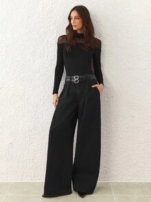 SHEIN Frenchy 女式高腰褶皱阔腿宽松休闲百搭牛仔裤 - 黑色 - 查看 6