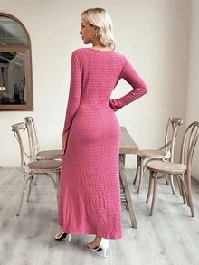 SHEIN Maternity Solid Lace Trim V-Neck Tie Front Long Sleeve Dress, Textured Fabric, Spring/Autumn - Watermelon Pink - View 3