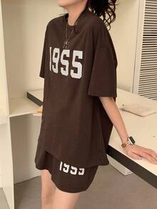 DAZY 2 件套女士印花宽松休闲短袖睡衣套装 - 棕色 - 查看 1