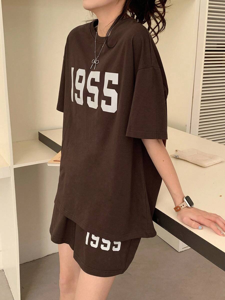 DAZY 2 件套女士印花宽松休闲短袖睡衣套装 - 棕色 - 查看 1