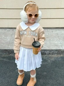 Playful Pals Young Girl Casual Lapel Drop Shoulder Front English Slogan Print Back Snap Button Elastic Waist Long Sleeve Set, Autumn/Winter Fall Clothes - Khaki - View 4