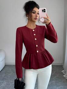 Selianne Women's Elegant Commuter Solid Color Ruffle Hem Jacket - Red - View 3