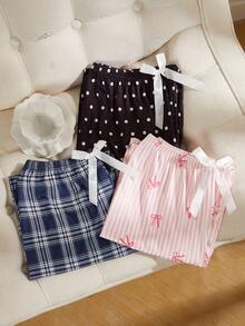 SHEIN 3pcs Women Plaid & Bowknot & Polka Dot Pink Pajama Pants Set, Fall & Winter Clothes - Multicolor - View 2