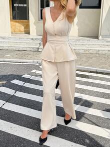 SHEIN Frenchy 女士纯色单排扣腰褶无袖上衣和裤子休闲两件套 - 杏色 - 查看 6