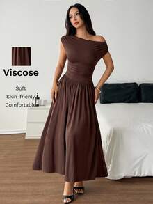 SHEIN PETITE 女士优雅超级百搭弹力面料黑色或日常穿着、派对、露肩、大码女装、A 级长裙 - 咖啡棕 - 查看 5
