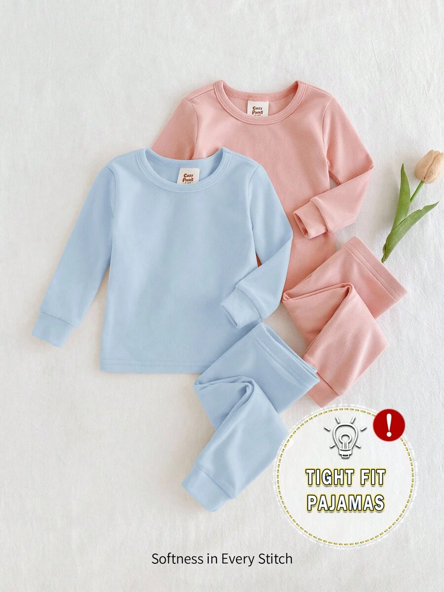 Cozy Pixies 2 pezzi Set pigiama aderente per bambina, top a girocollo a maniche lunghe e pantaloni in maglia morbida tinta unita