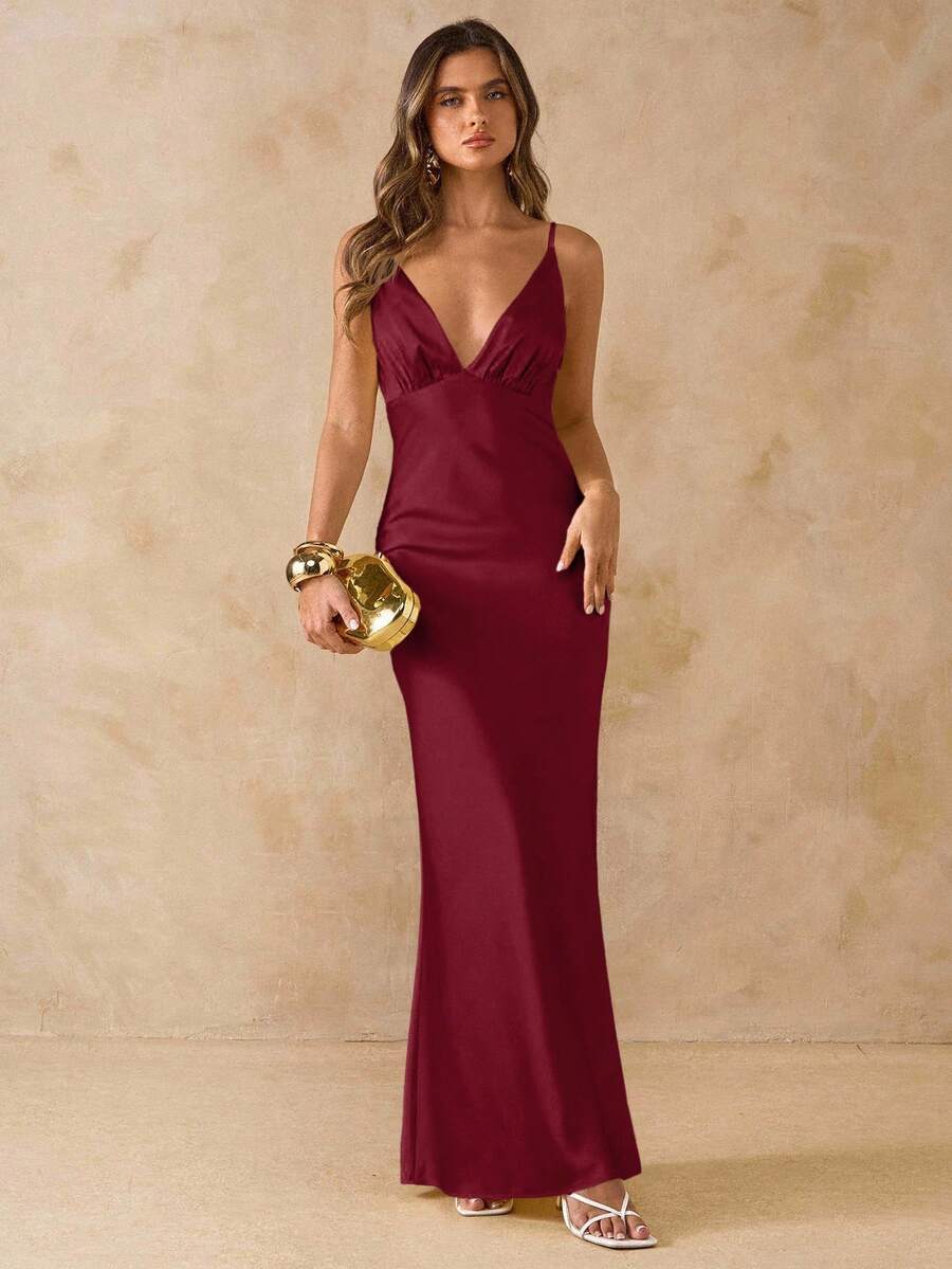 SHEIN BAE Sleeveless V-Neck Backless Satin Dress, Yellow, Suitable For Vacation, Party, Birthday, Brunch, Wedding Guest, Bridesmaid, Elegant - Burgundy - View 1