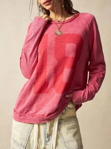 Bohemela 女士休闲纯色针织圆领长袖宽松水洗T恤 - 紅色 - 查看 3