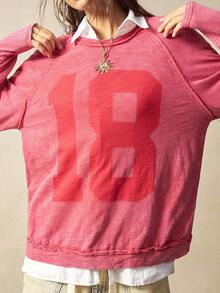 Bohemela 女士休闲纯色针织圆领长袖宽松水洗T恤 - 紅色 - 查看 4